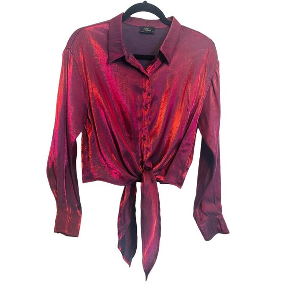 Milk & Honey XL Shiny Magenta Wine Button-Up Tie-Front Blouse - Picture 1 of 12